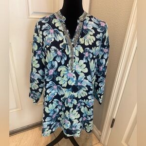 Charter club Luxury Linen Floral Tunic Top with Beaded Neckline size large